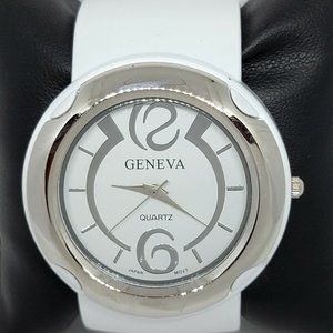Geneva analog watch cuff bracelet quartz Japan Mov’t white silver tone womens